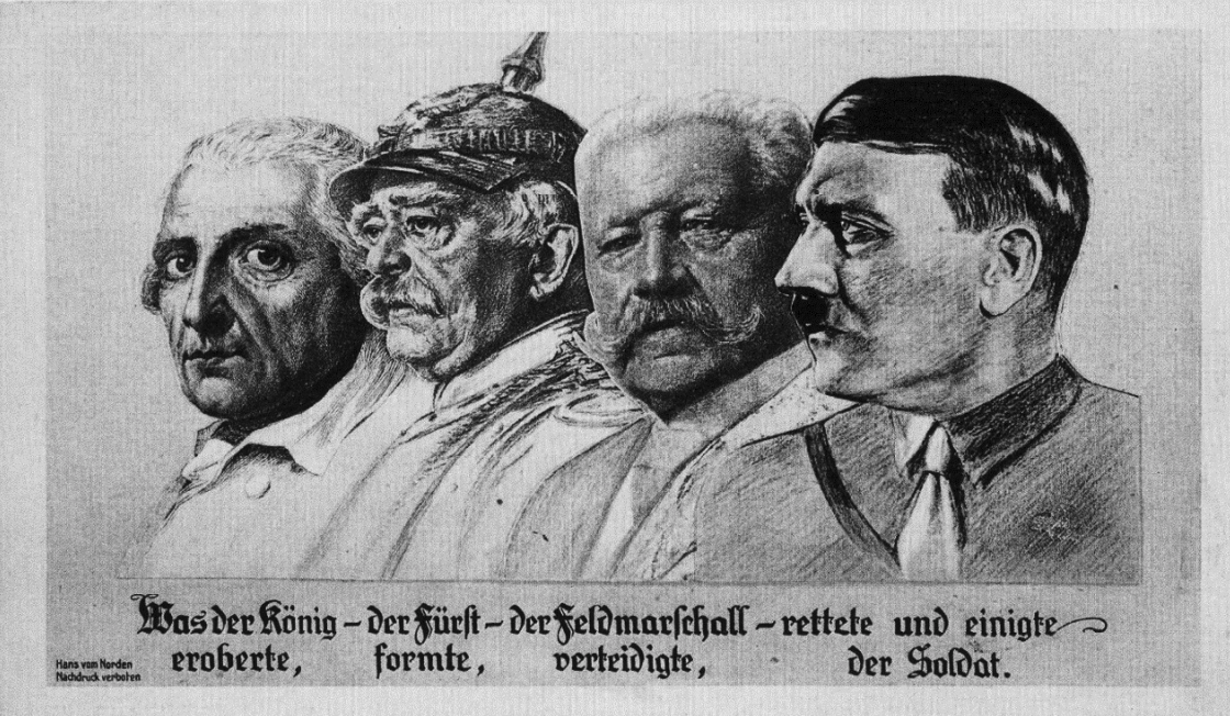Schwarz-weiß-Zeichnung mit vier Männerporträts nebeneinander und dekorativem Schriftzug darunter
